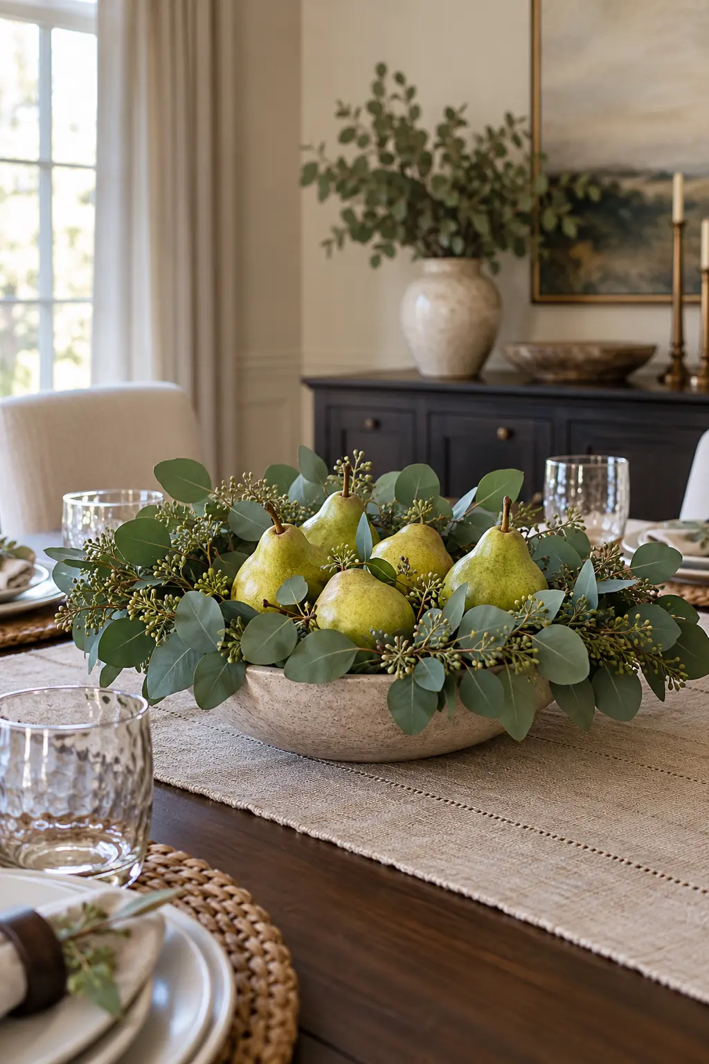 Use Eucalyptus and Green Pears New Year centerpiece idea