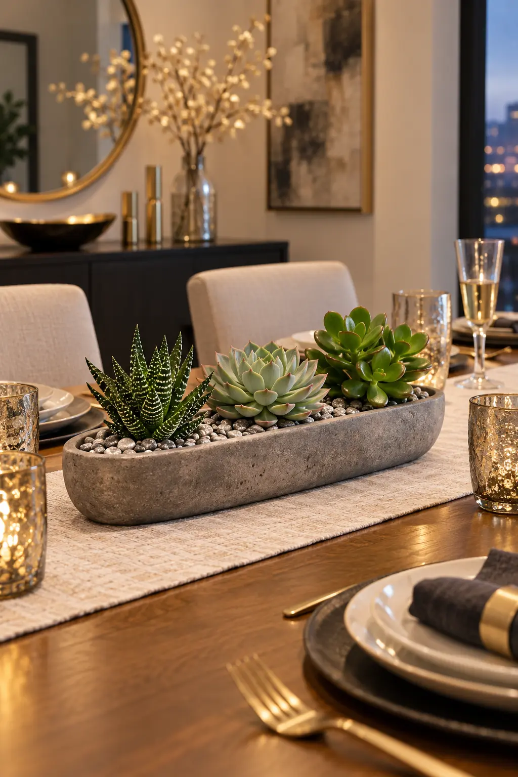 Set Succulents in Silver Gravel New Year centerpiece idea