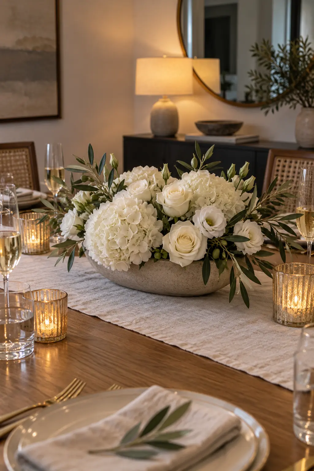 Combine White Flowers and Olive Branches New Year centerpiece idea