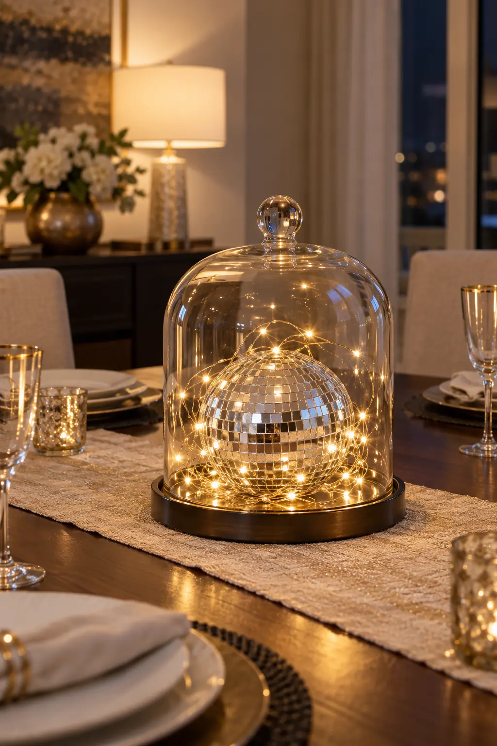 Tuck Micro Lights Under a Glass Cloche New Year centerpiece idea