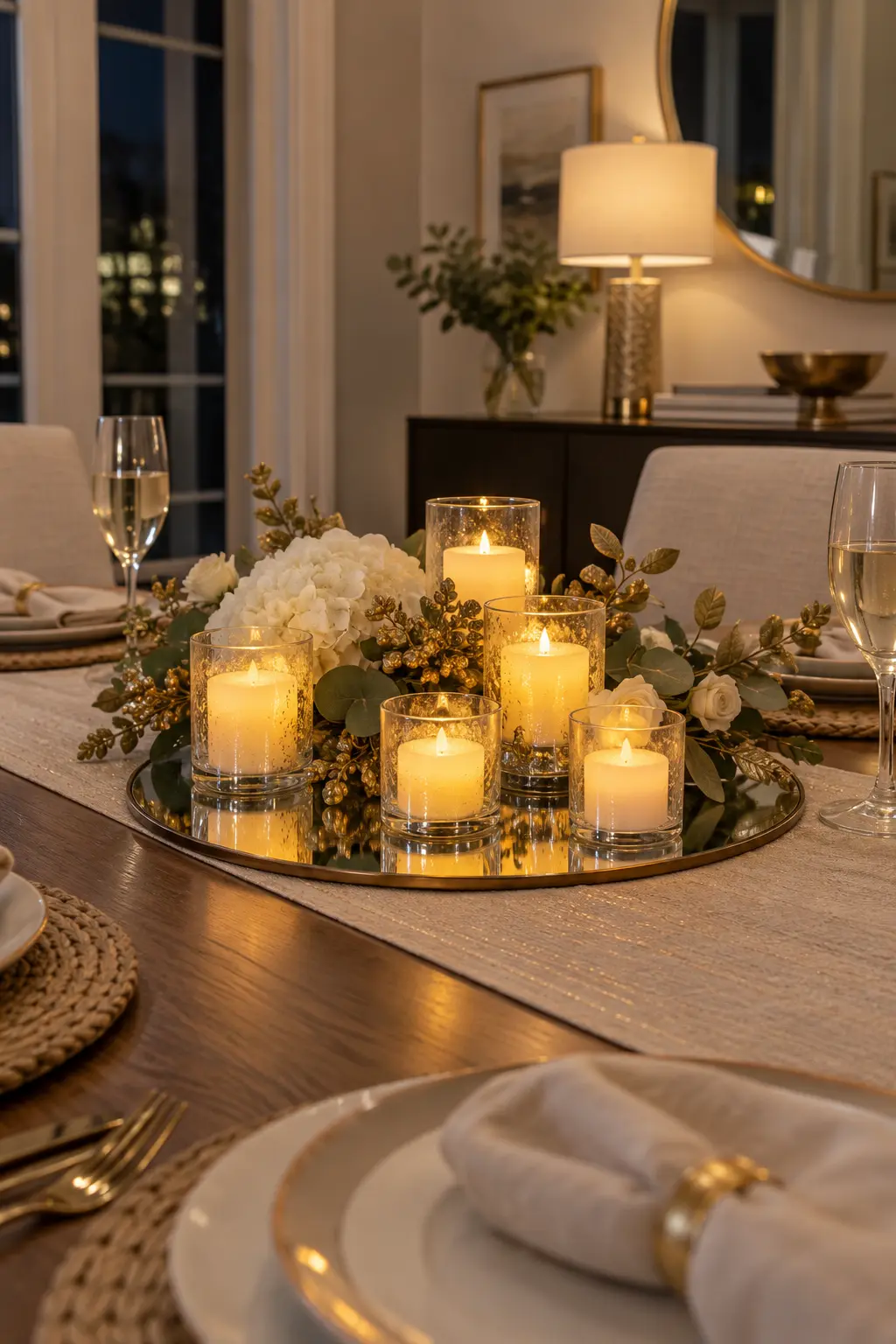 Group Flameless Votives on a Mirror New Year centerpiece idea