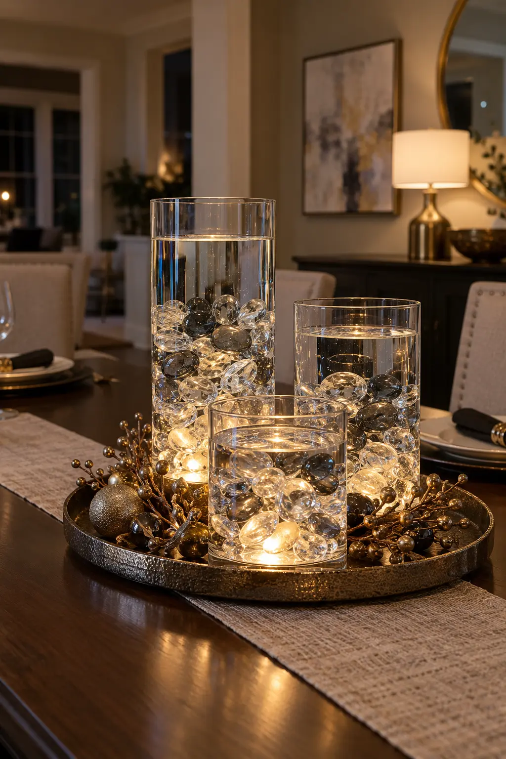 Fill Water Vases With Glass Gems New Year centerpiece idea