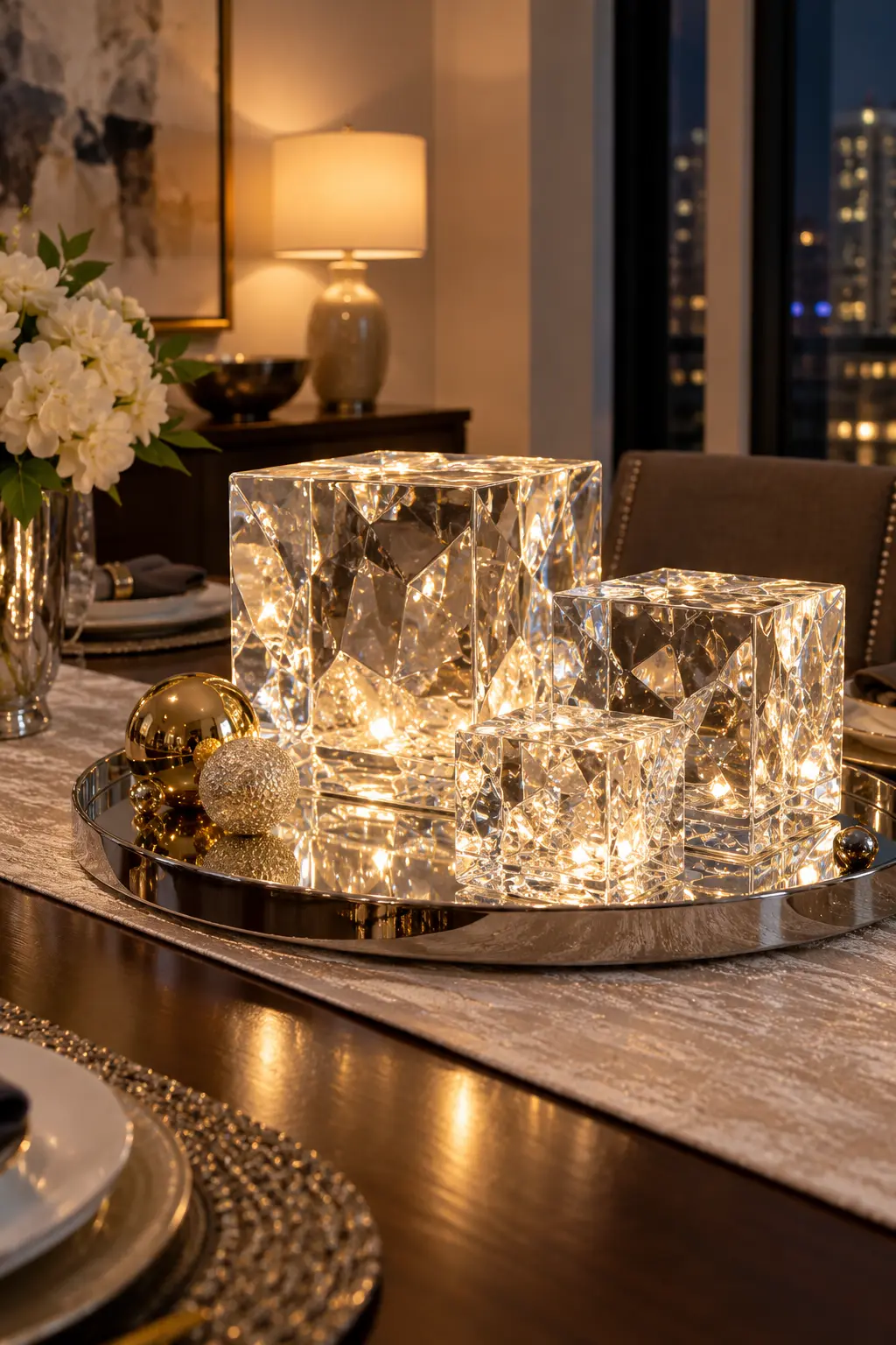 Scatter Crystal Cubes on a Chrome Tray New Year centerpiece idea