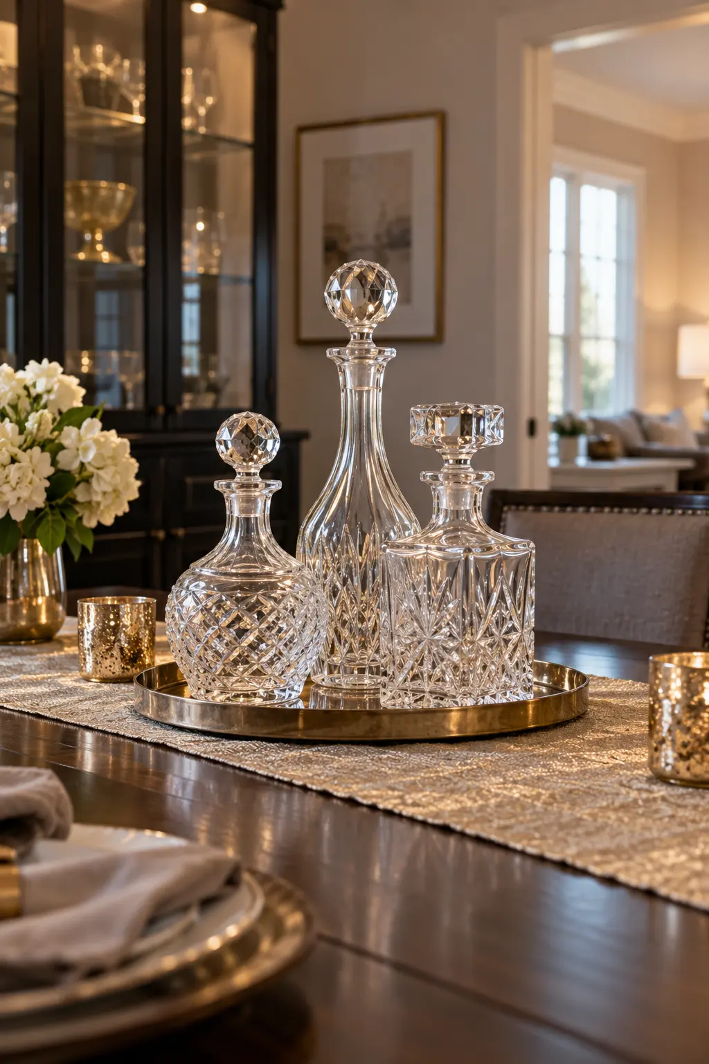 Turn Decanters Into Light Catchers New Year centerpiece idea