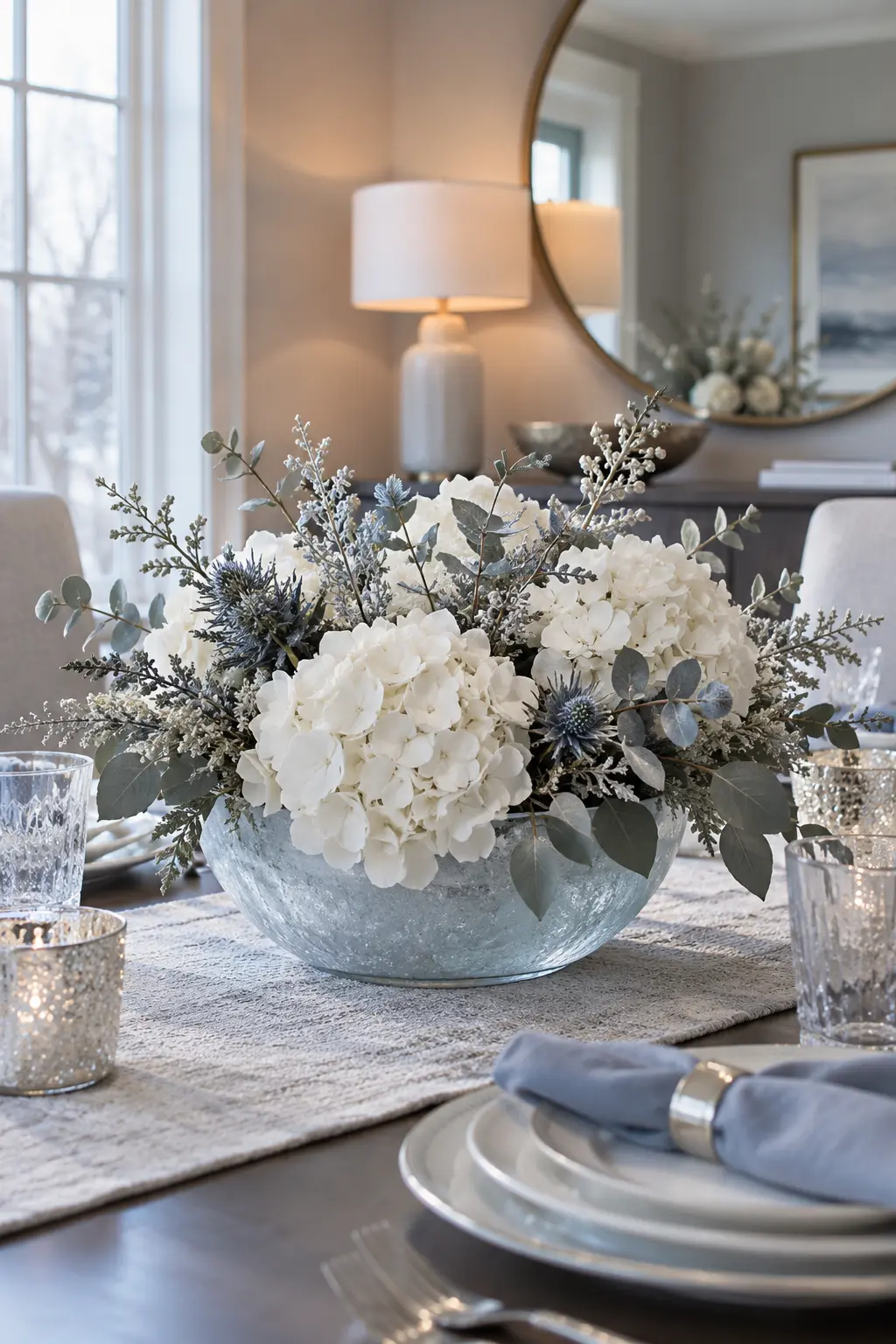 Go Silver and Ice Blue New Year centerpiece idea