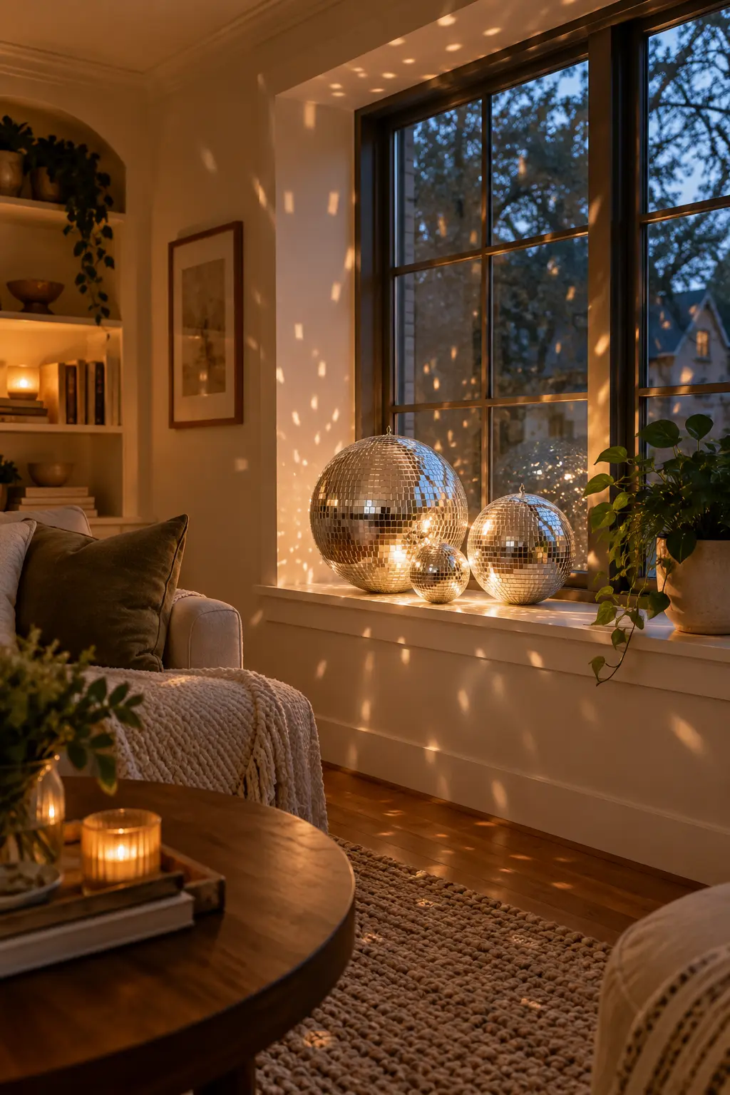 Cluster Disco Balls by a Window New Year's decoration idea for home