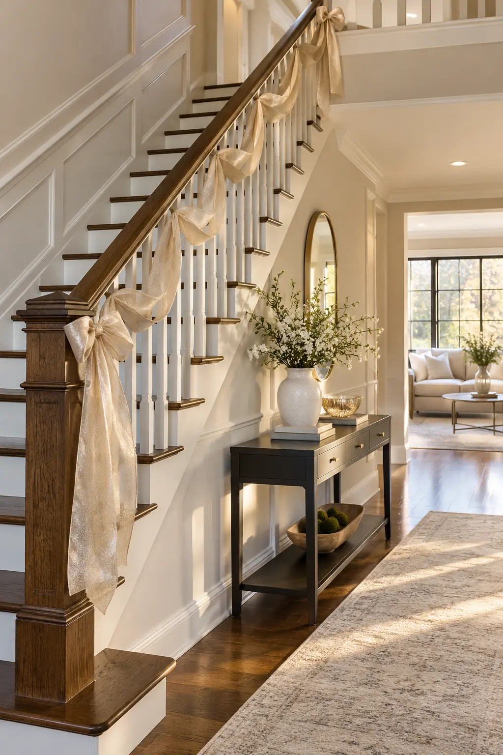 Wrap the Stair Rail With Soft Ribbon New Year's decoration idea for home