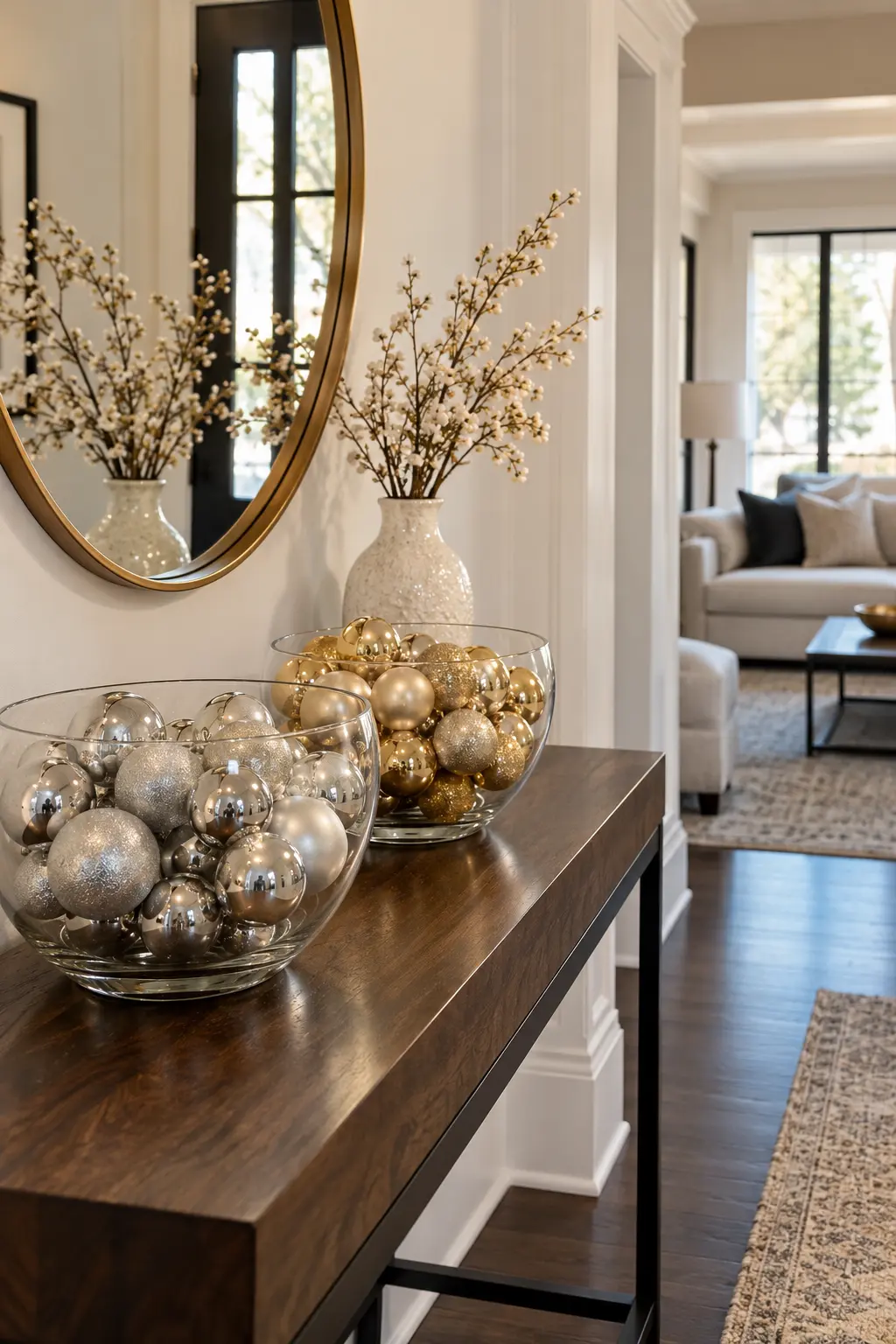 Fill Clear Bowls With Metallic Ornaments New Year's decoration idea for home