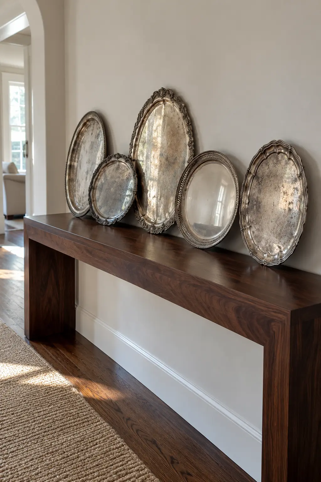 Display Silver Trays as Reflective Art New Year's decoration idea for home