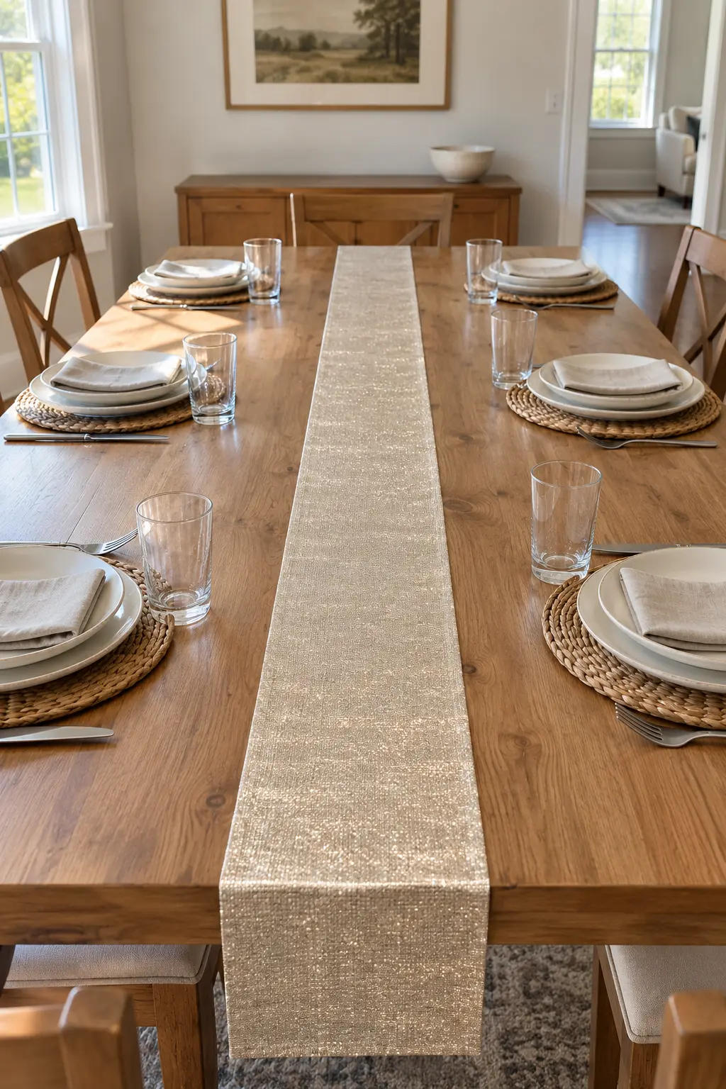 Add a Narrow Metallic Runner simple New Year's table decor idea