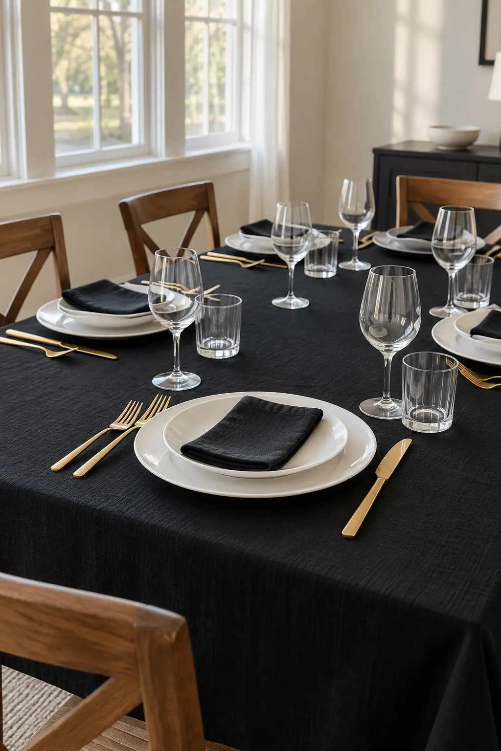 Pair Black Linen With White Dishes simple New Year's table decor idea