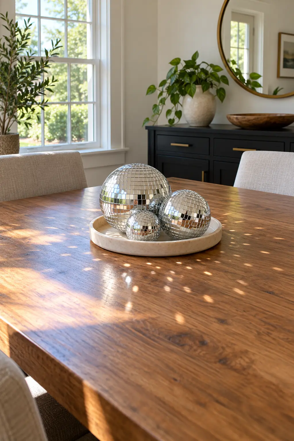 Cluster Three Small Disco Balls simple New Year's table decor idea