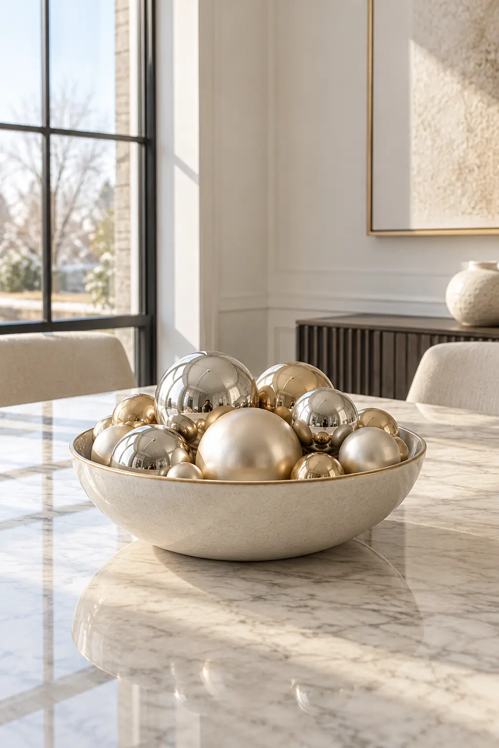 Fill One Bowl With Silver Ornaments simple New Year's table decor idea