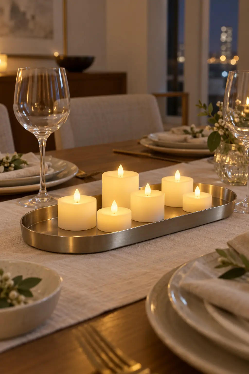 Arrange LED Lights on a Tray simple New Year's table decor idea