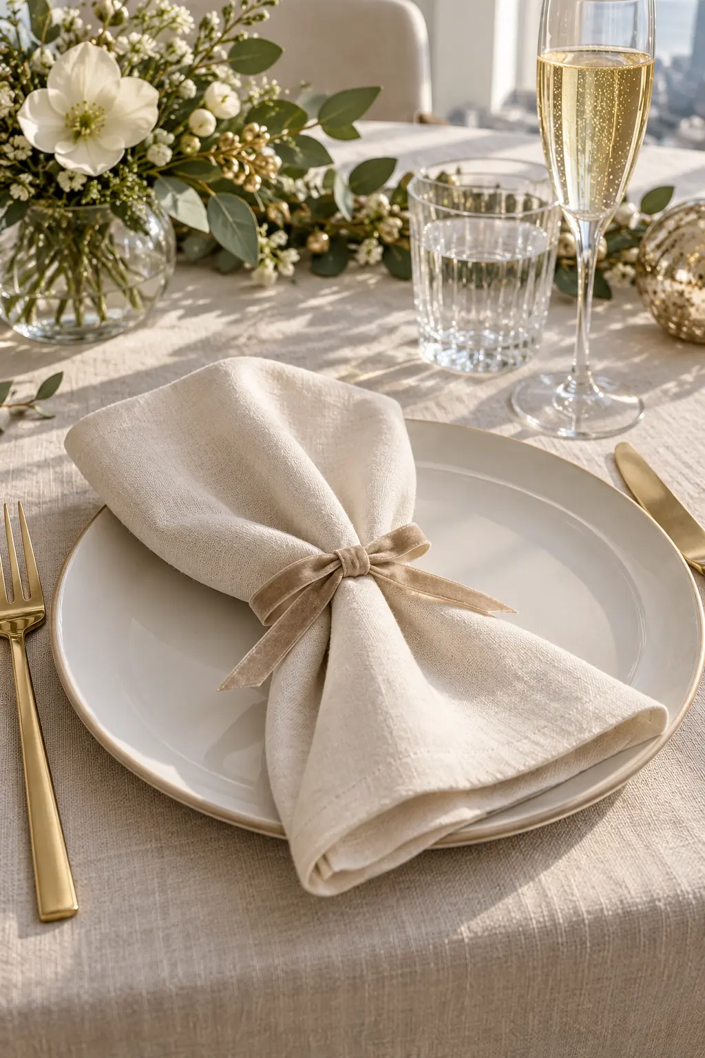 Wrap Napkins With Velvet Ribbon simple New Year's table decor idea