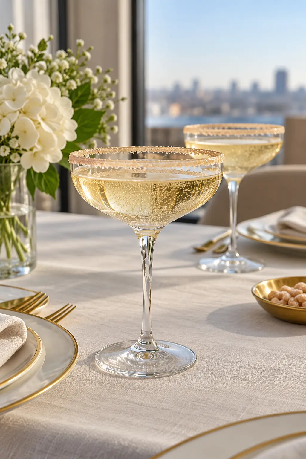 Give Coupe Glasses a Sparkling Rim simple New Year's table decor idea