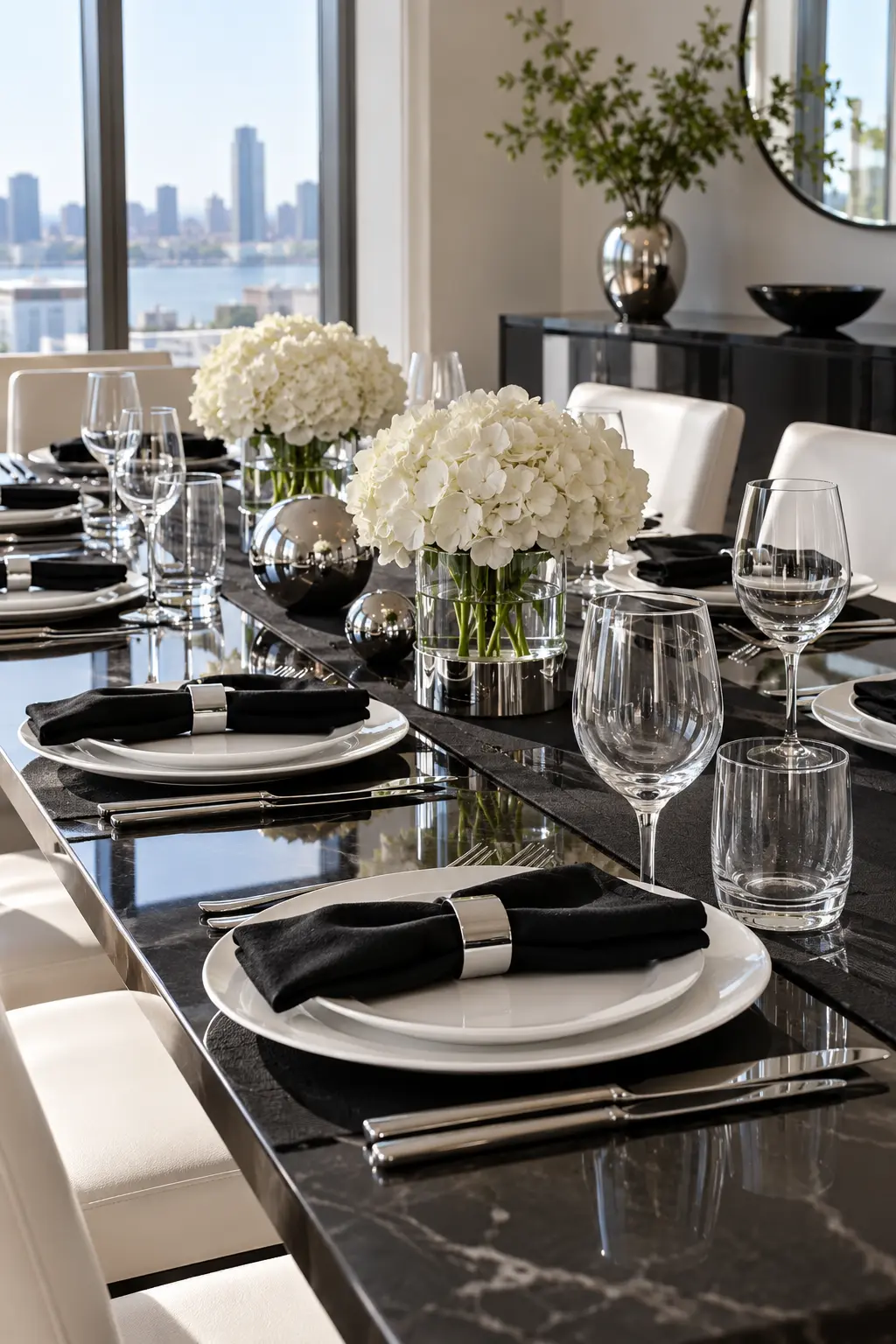 Mix Black White and Chrome simple New Year's table decor idea