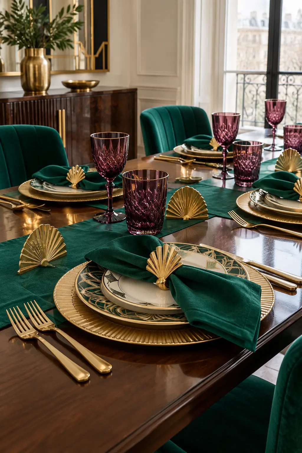 Use Jewel-Tone Art Deco Color simple New Year's table decor idea