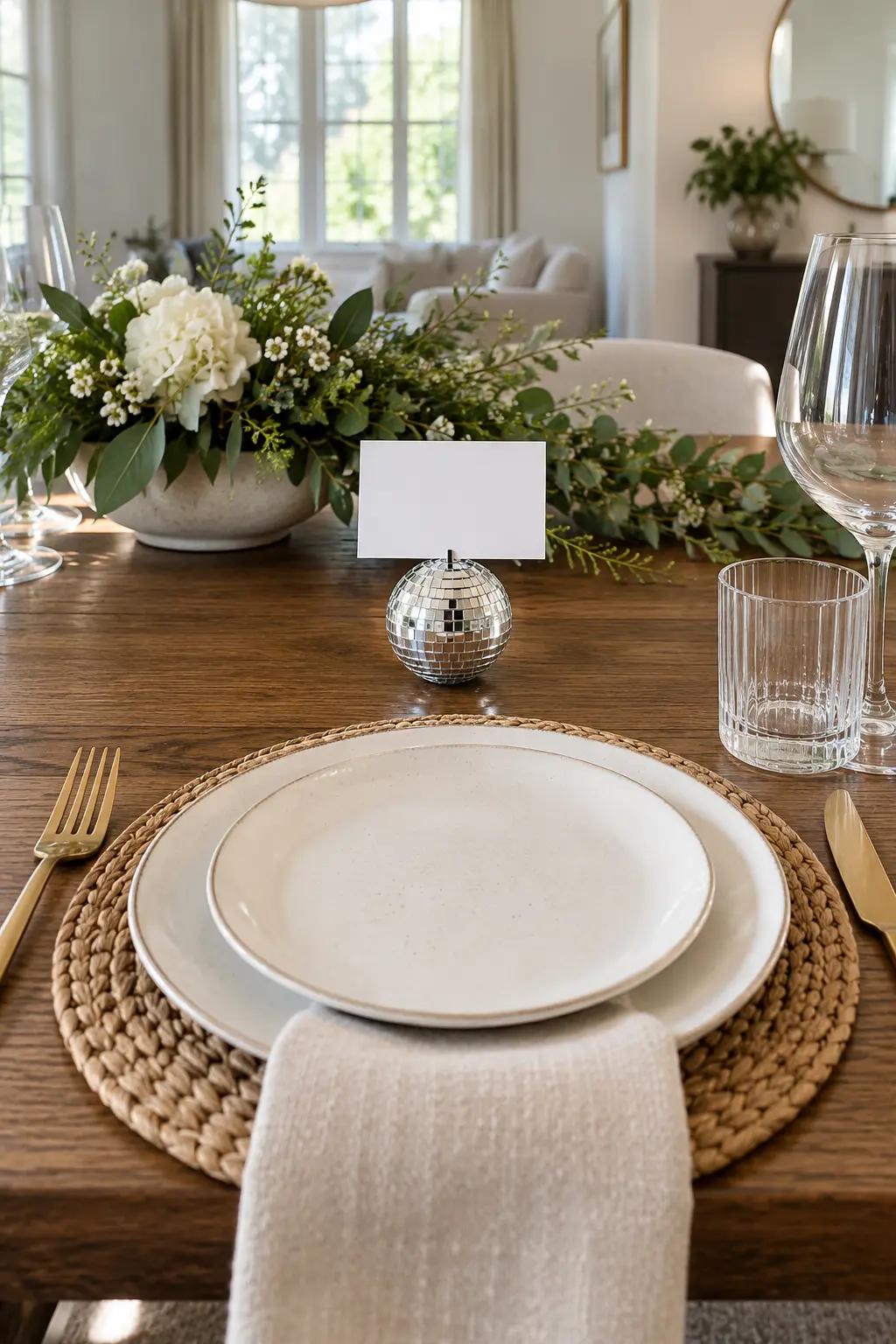 Stand a Card in a Disco Ball NYE table setting idea