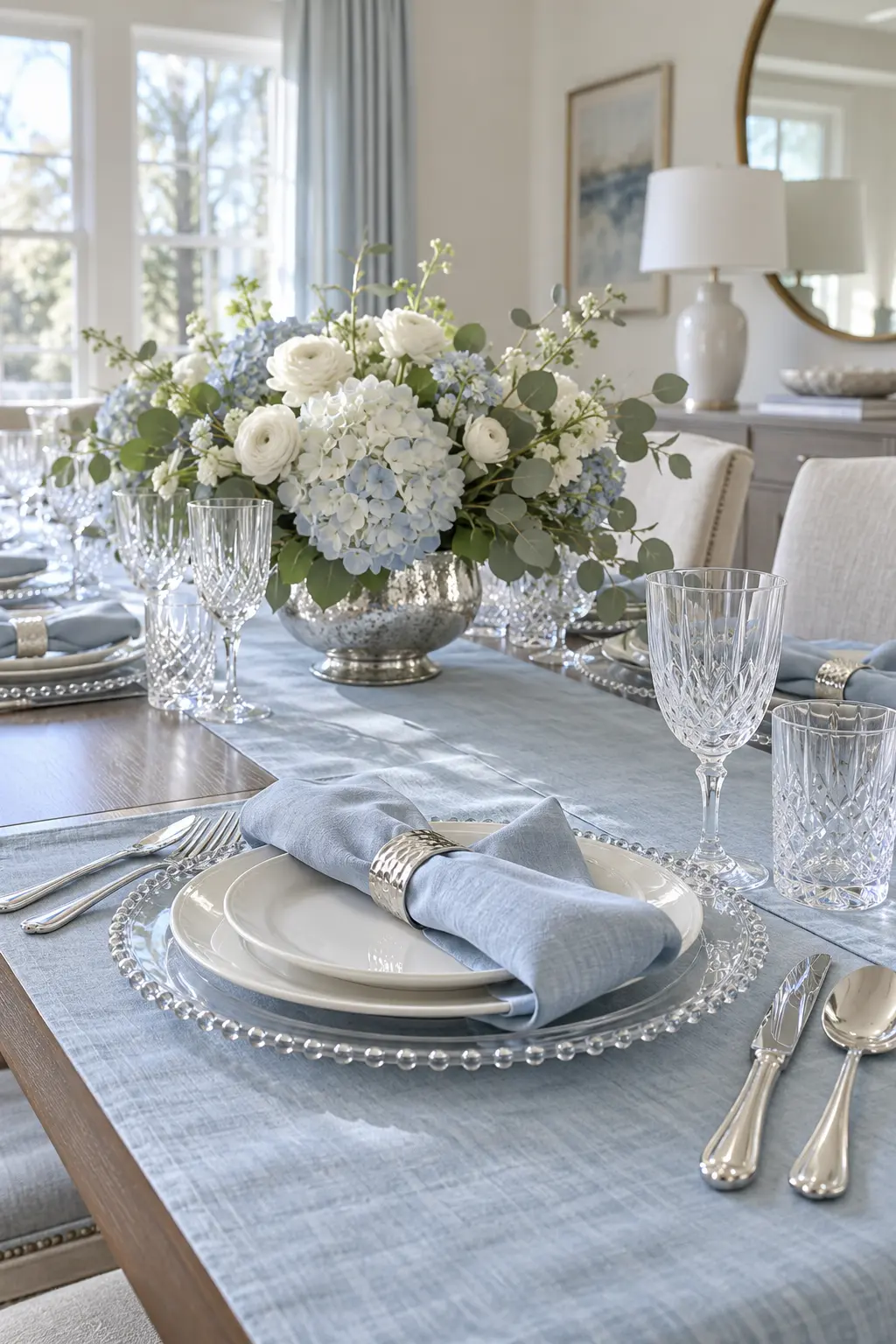 Go Silver and Ice Blue NYE table setting idea