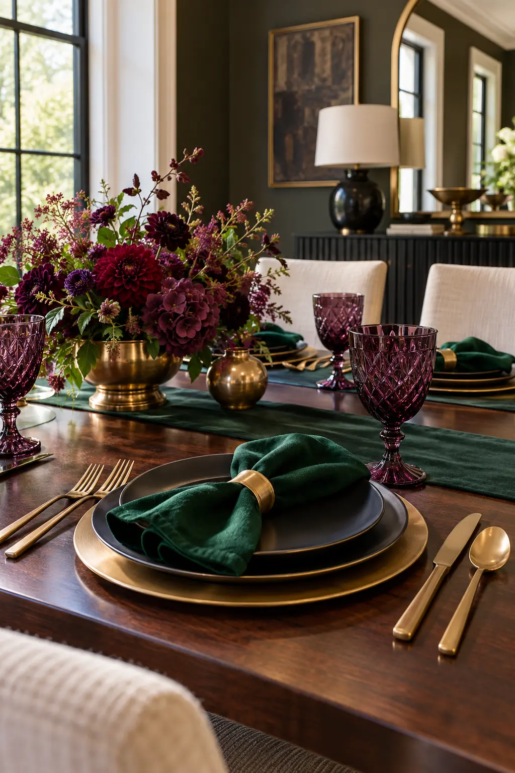 Mix Emerald and Plum NYE table setting idea