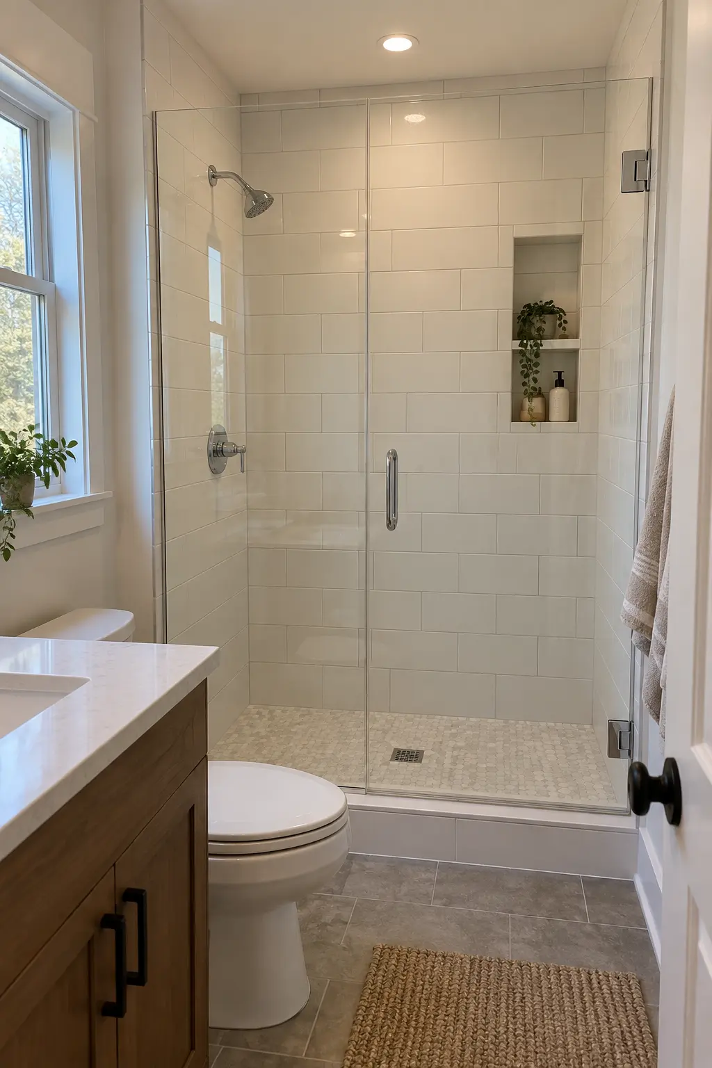 Updated three-wall alcove shower with clear glass door in a modest bathroom