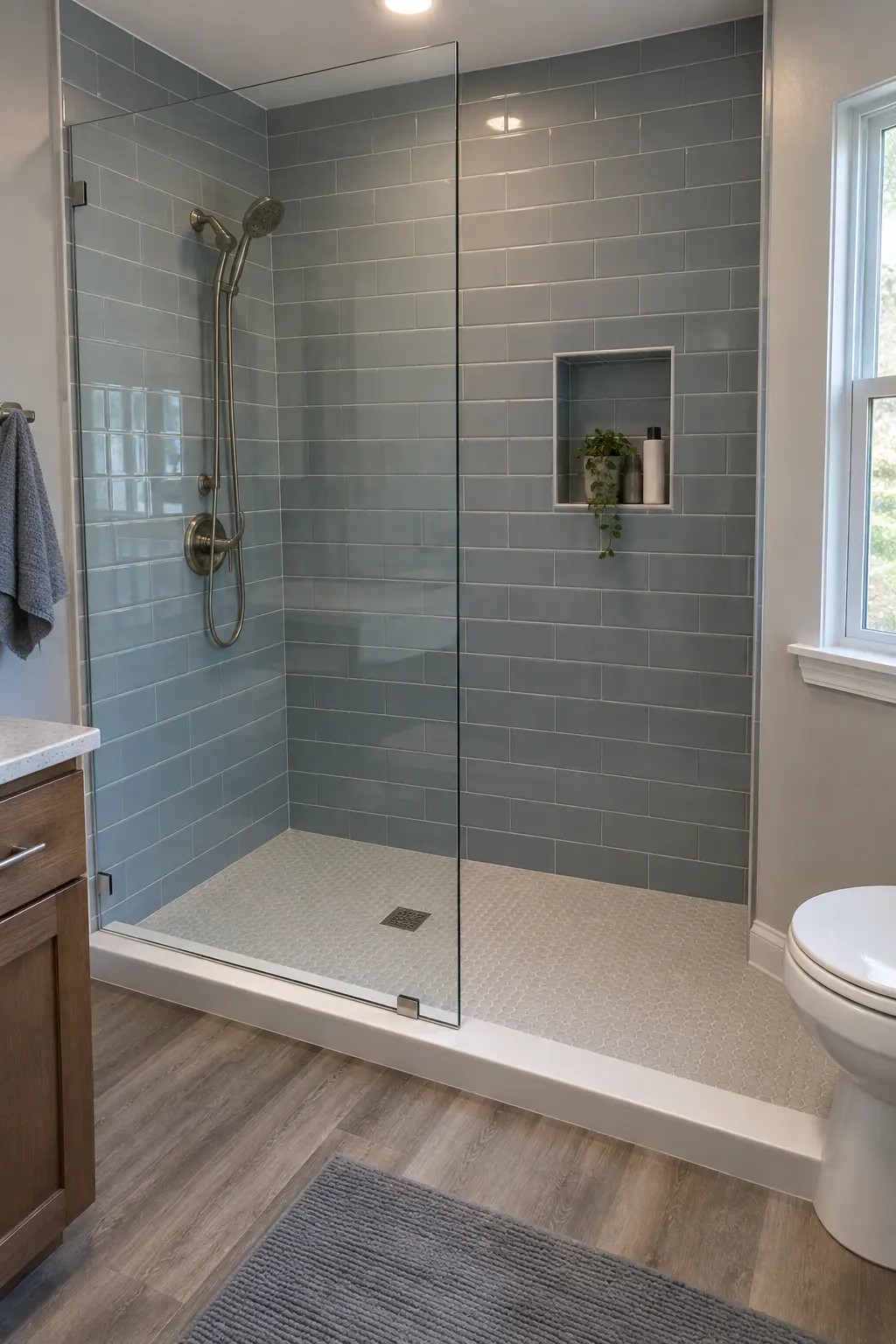 Realistic tub-to-shower conversion with a low threshold and fixed glass panel