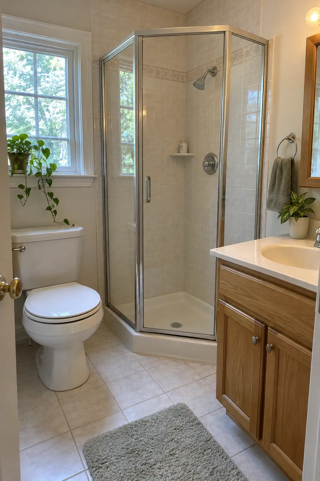 Compact corner shower with clear glass enclosure in a small bathroom