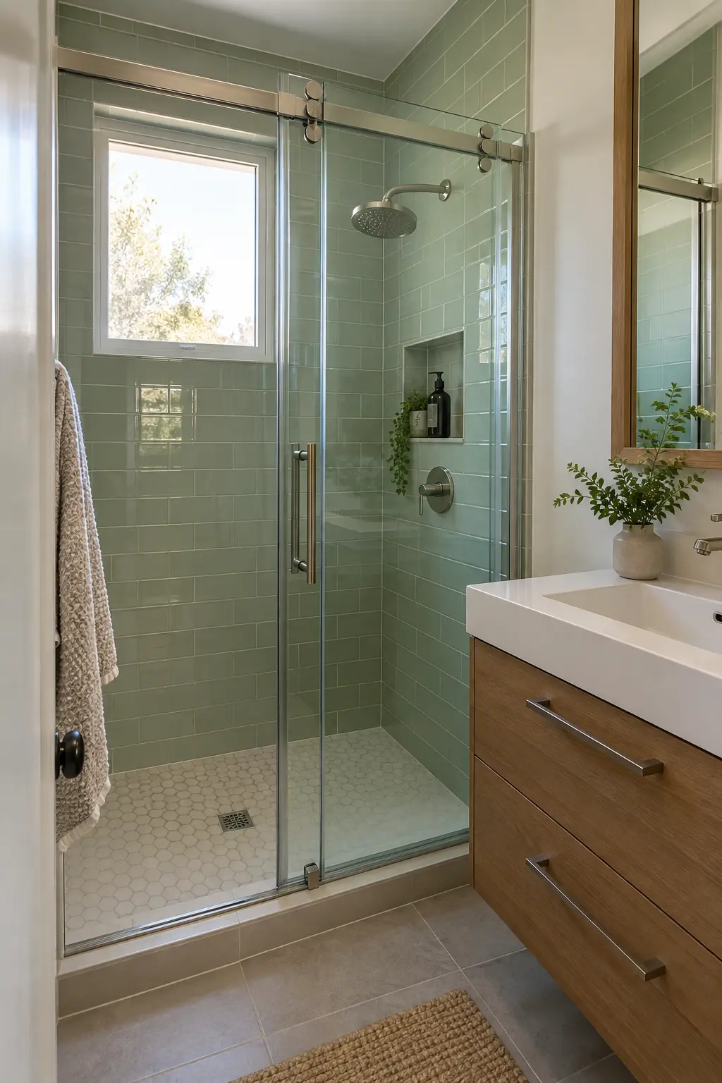 Small bathroom shower with a space-saving sliding glass door