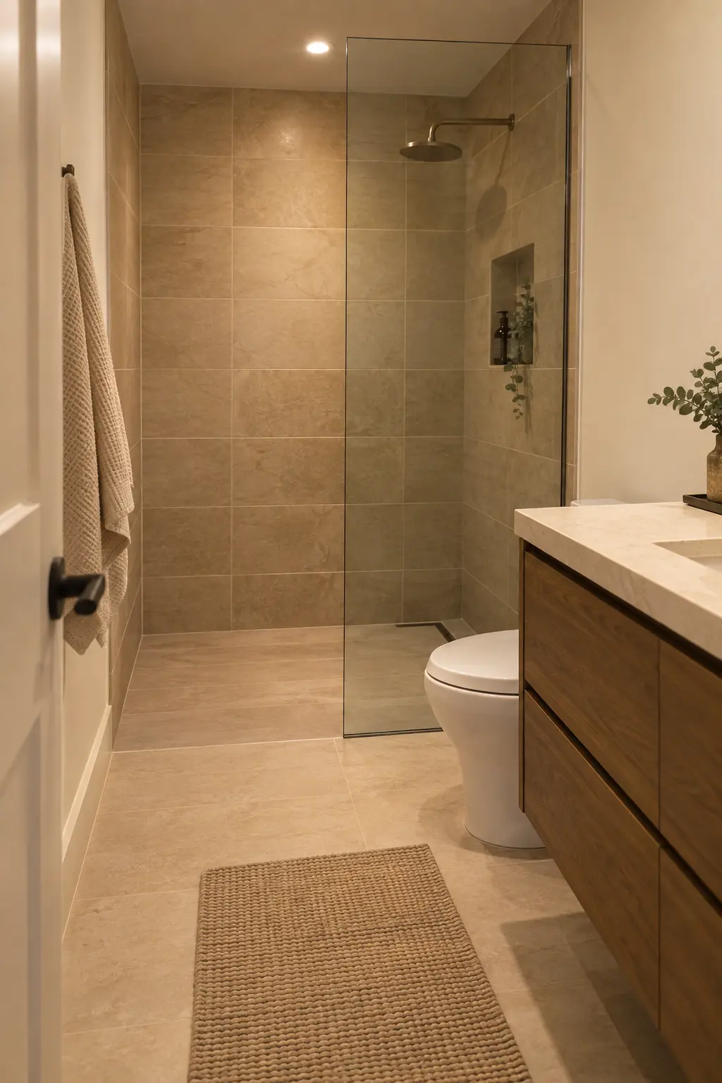 Narrow bathroom with a walk-in shower protected by one fixed clear glass panel