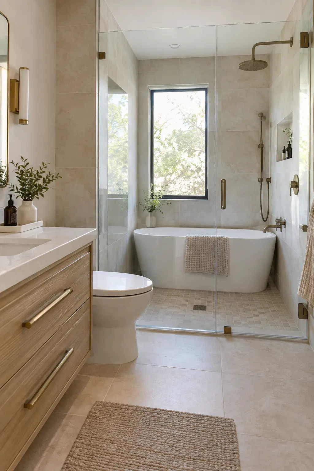 Small wet-room bathroom with shower and tub behind a glass partition