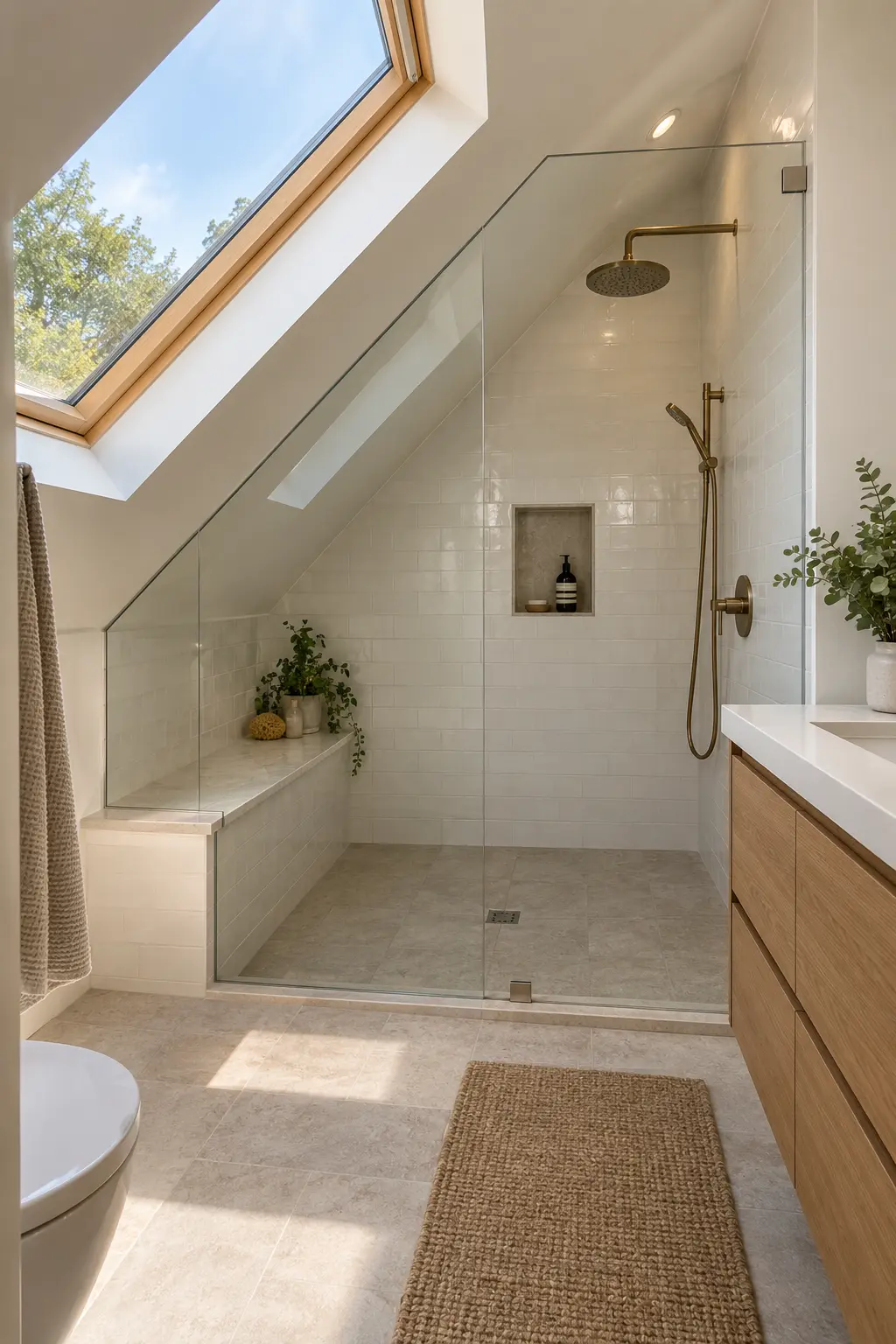 Attic bathroom shower positioned beneath a sloped ceiling with standing area at the tall end