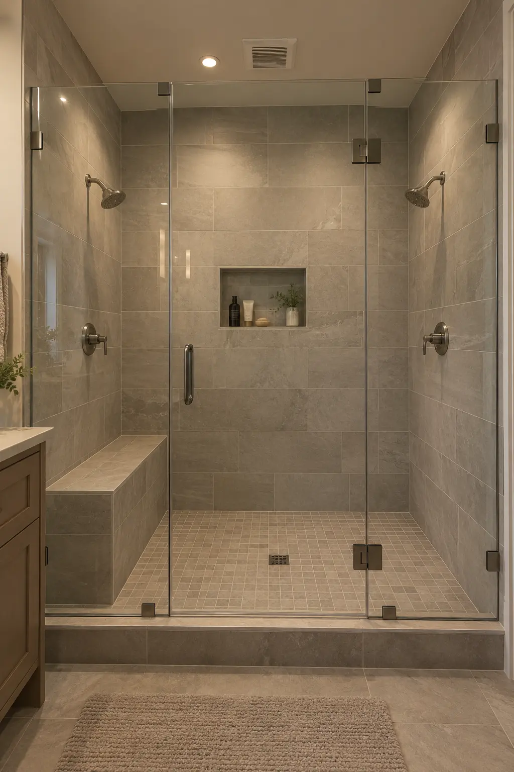 Primary bathroom shower with two fixture zones and a central entry