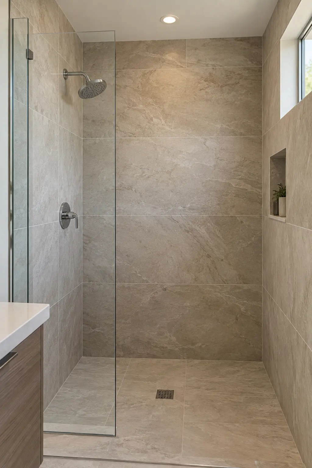 Shower walls finished with large-format warm stone-look porcelain tile