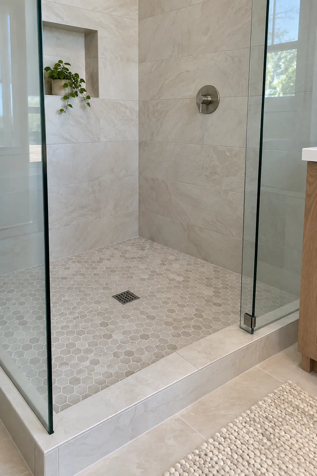 Walk-in shower with small mosaic floor tile and larger wall tile
