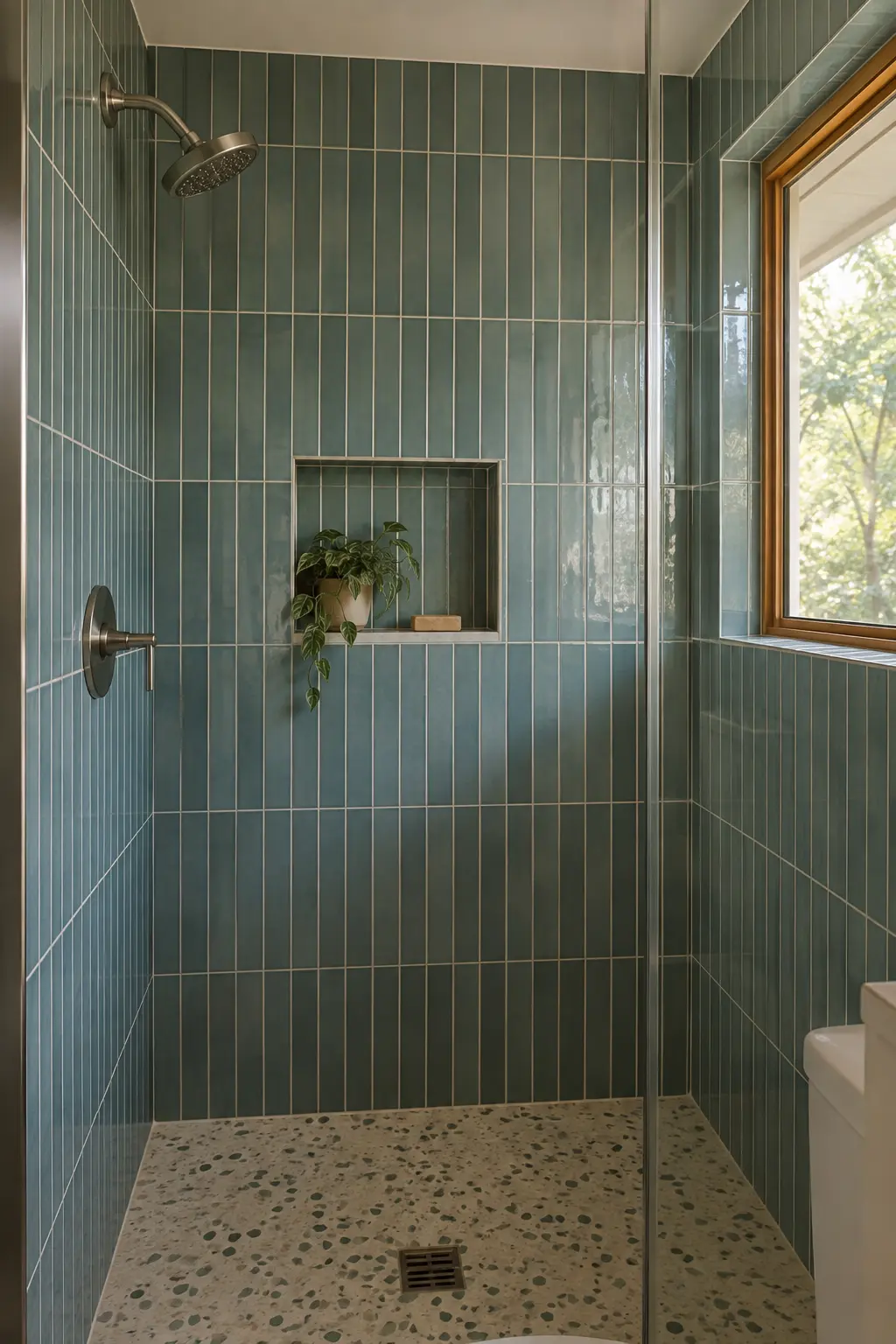 Compact shower with vertically stacked rectangular blue-green wall tile