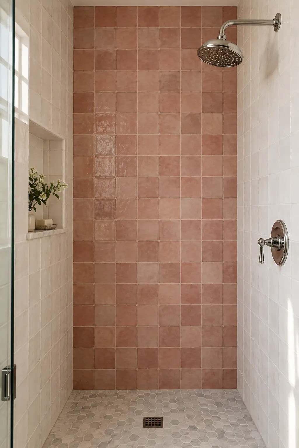 Shower with one softly varied handmade-look tile wall and quiet surrounding surfaces