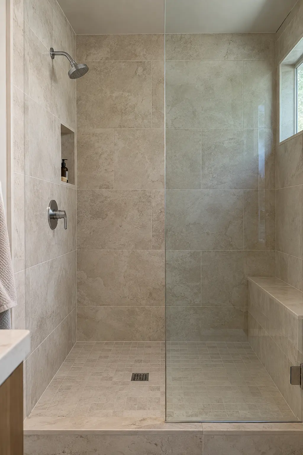 Realistic shower with limestone-look porcelain and simple chrome fixtures