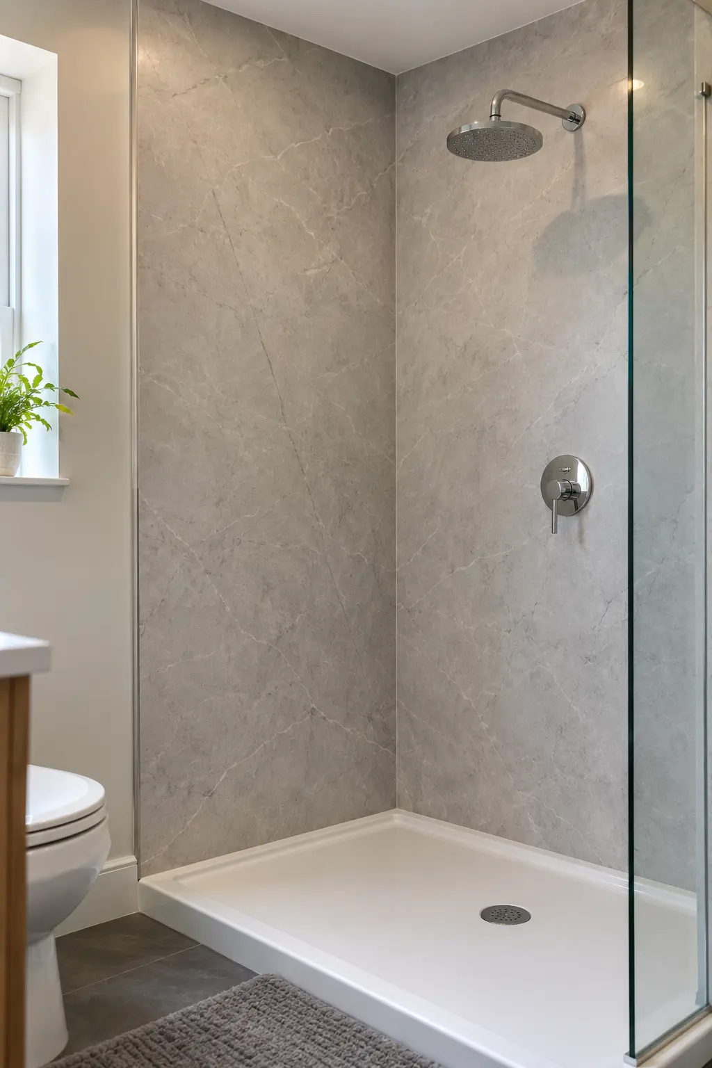 Practical shower remodeled with large seamless wall panels and minimal joints