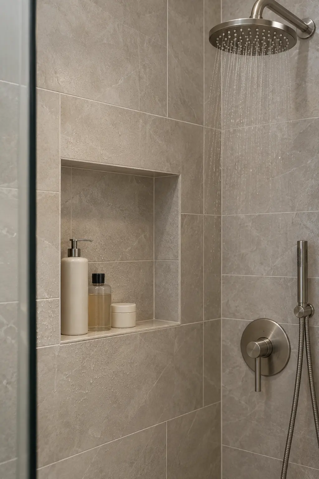 Shower niche lined with the same tile as the surrounding wall