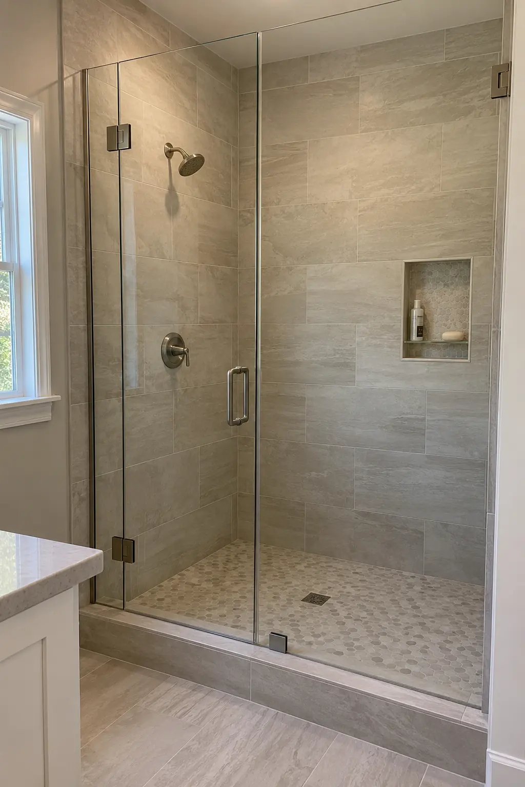 Transitional shower with clear frameless glass and warm neutral tile
