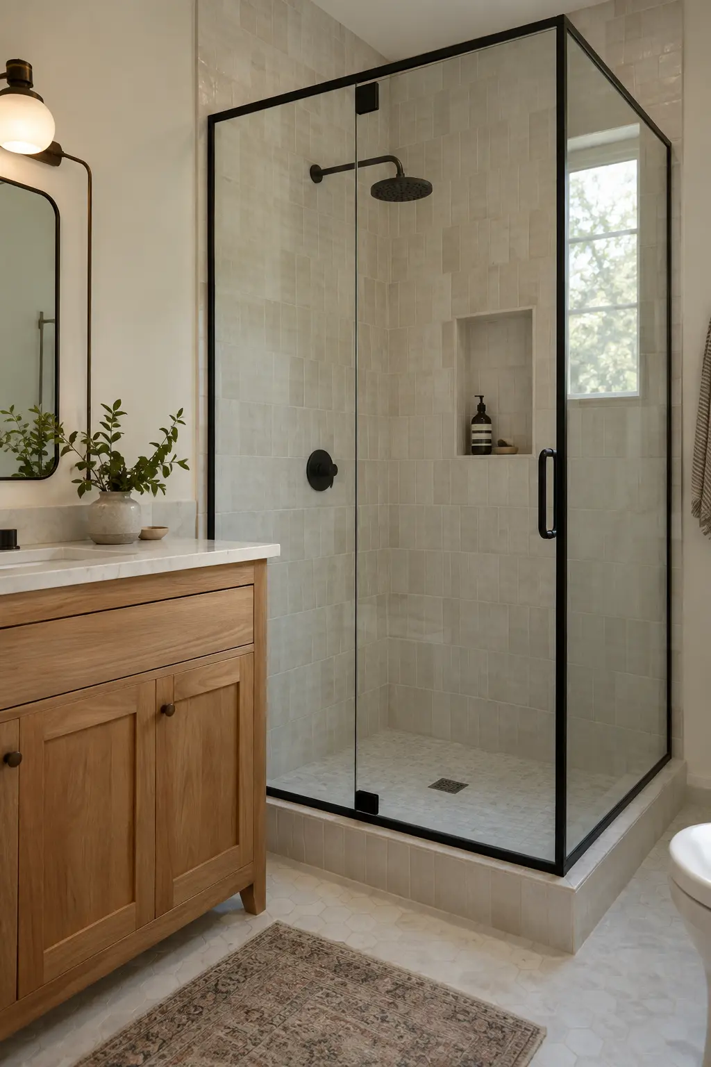 Shower enclosure with a restrained slim black metal frame