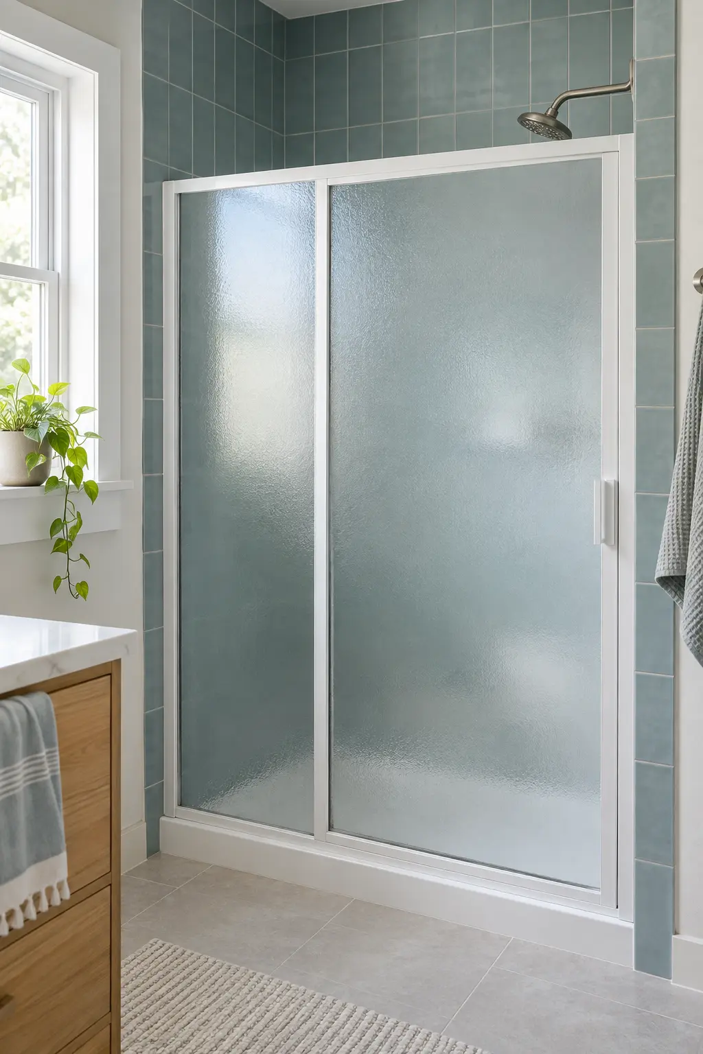 Family bathroom shower with softly frosted privacy glass