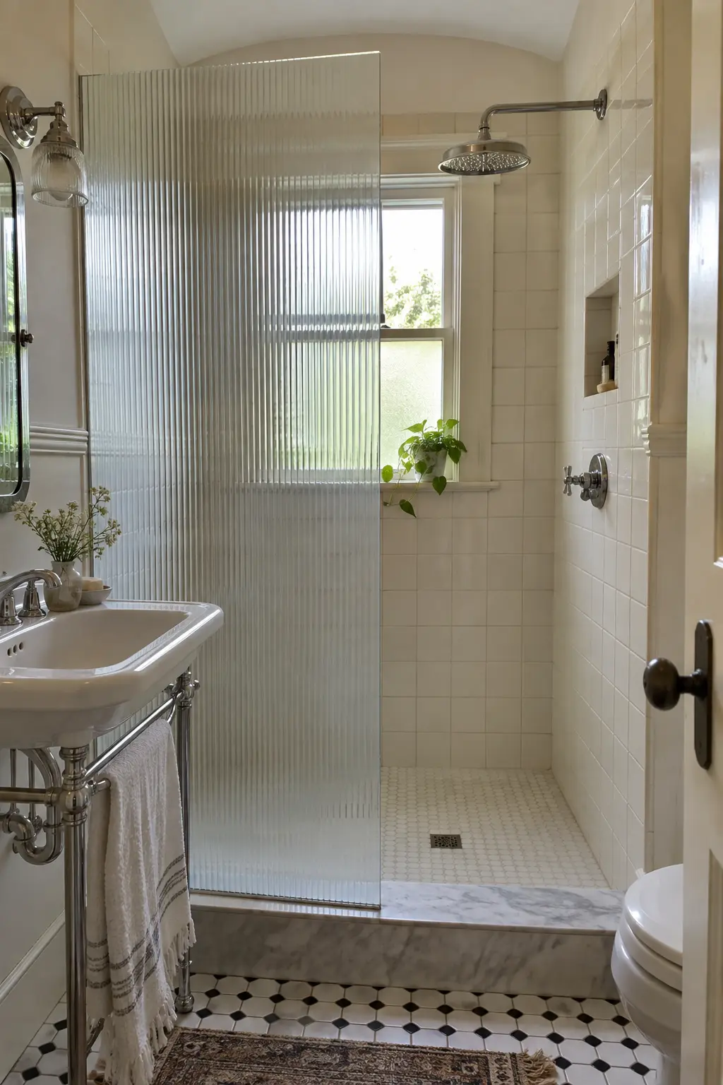 Vintage-inspired shower with a fluted glass partial screen