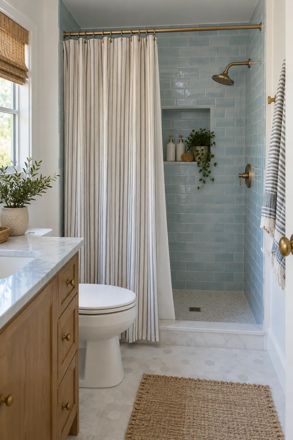 Freshly remodeled alcove shower with a washable fabric curtain