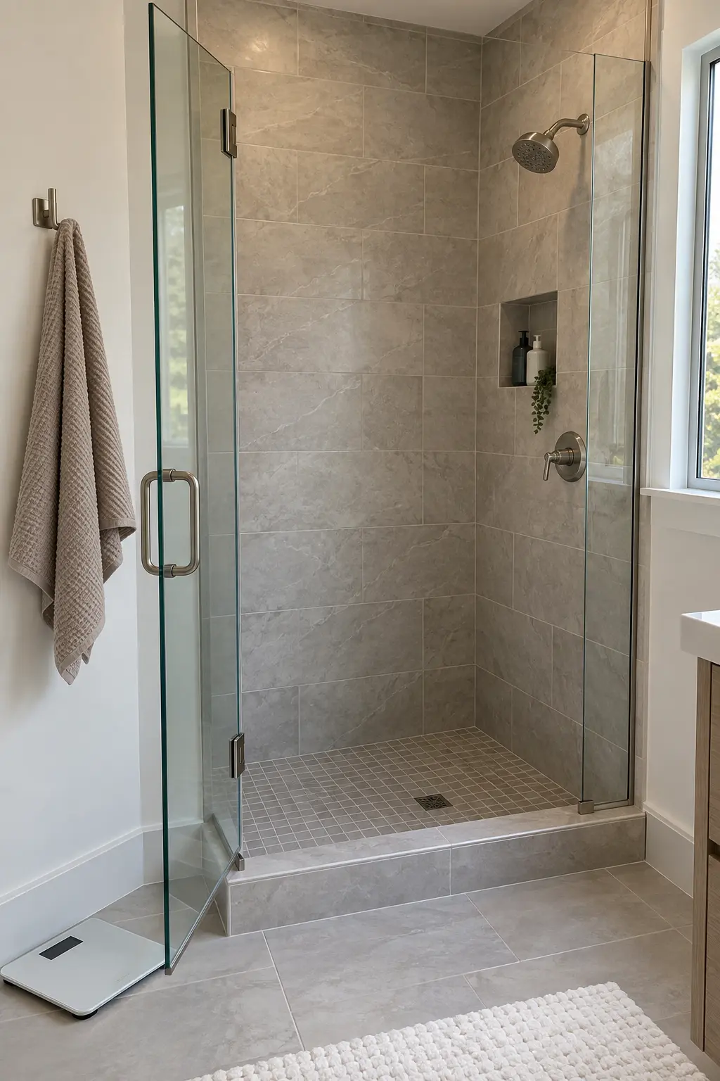 Hinged glass shower door positioned opposite the showerhead