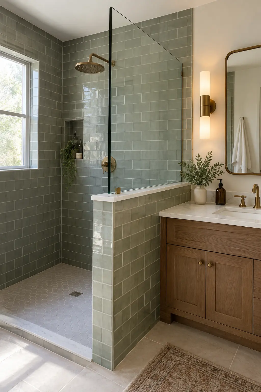 Shower with a tiled half wall supporting a clear glass panel beside the vanity