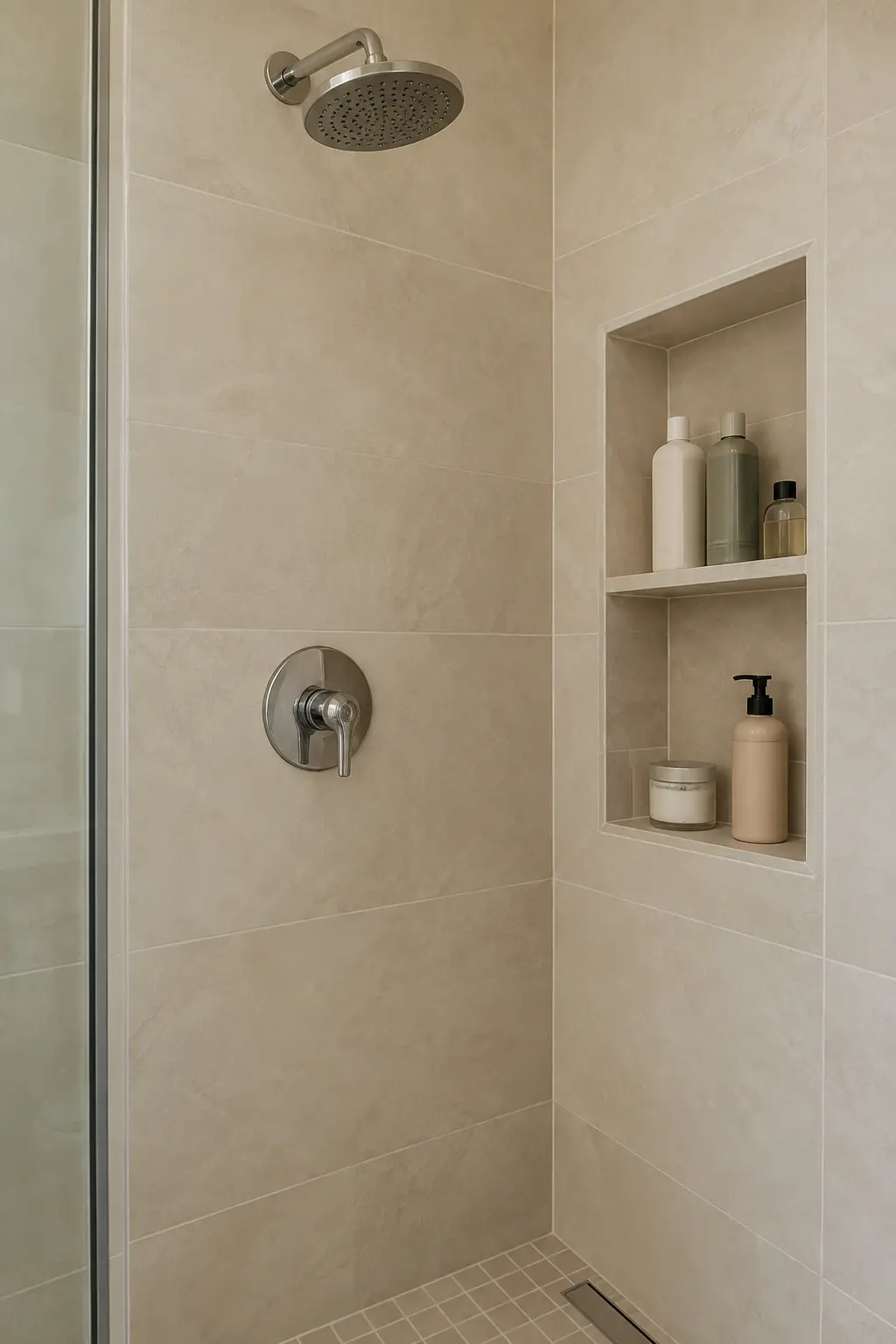Practical shower niche positioned on a side wall away from the showerhead