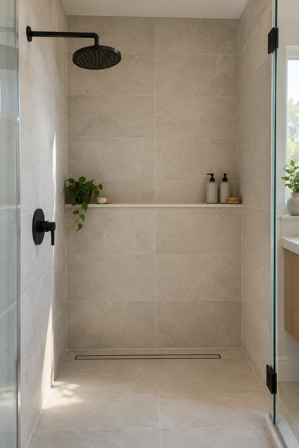 Modern shower with a continuous shallow storage ledge