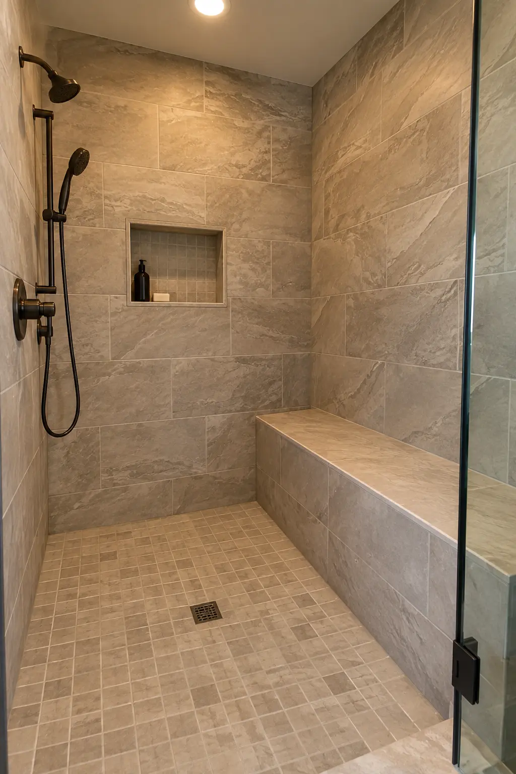 Walk-in shower with a practical tiled bench and handheld shower nearby